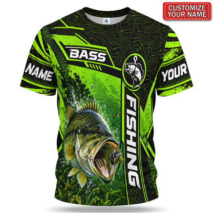 Personalized Neon Green Bass and Lure Fishing T-Shirt