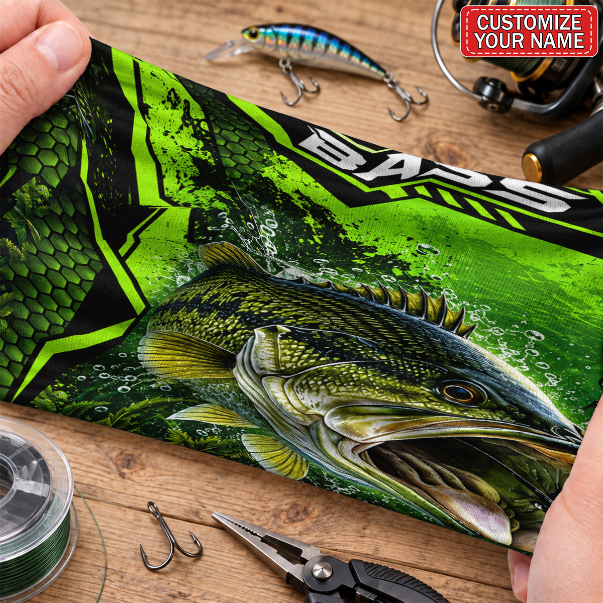 Personalized Bass and Lure Neon Green Fishing Mask