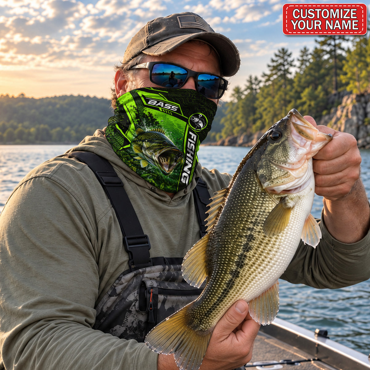 Personalized Bass and Lure Neon Green Fishing Mask