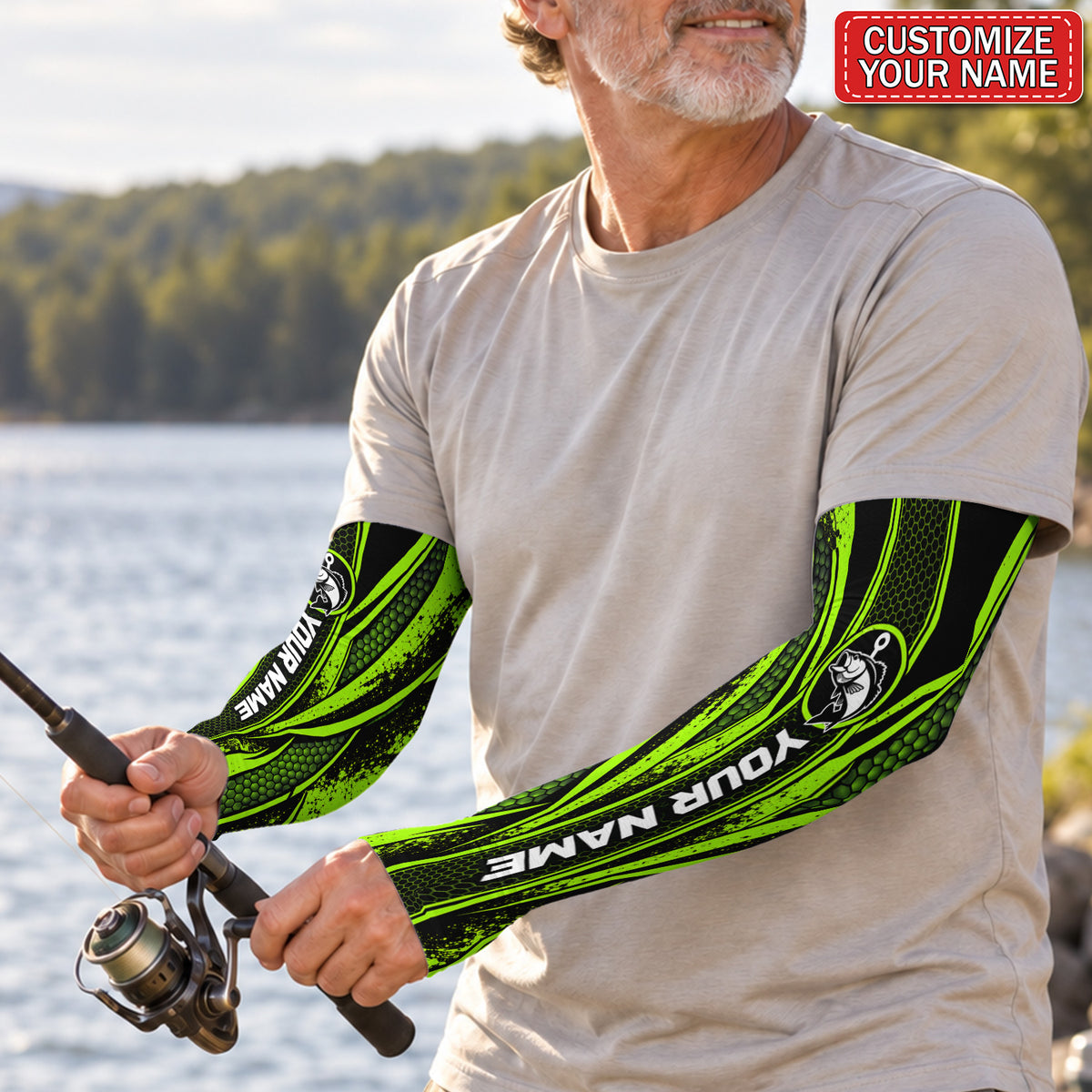 Custom Name Fish and Hook Neon Green Sun Protection Arm Sleeves