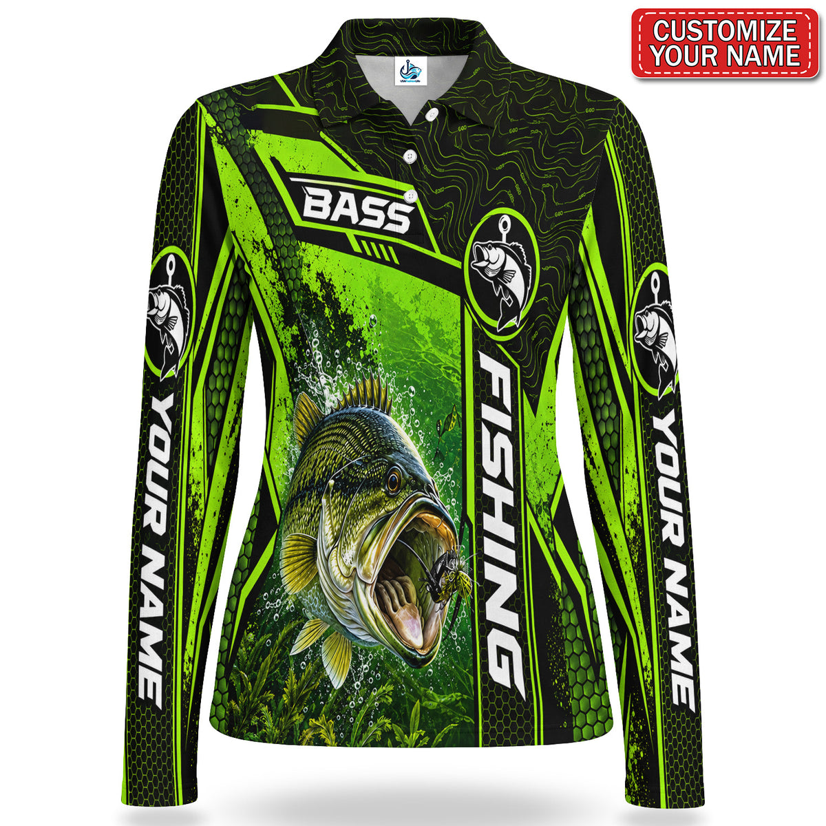 Personalized Neon Green Bass and Lure Fishing Women's Long Sleeve Polo