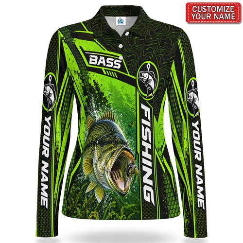 Personalized Neon Green Bass and Lure Fishing Women's Long Sleeve Polo