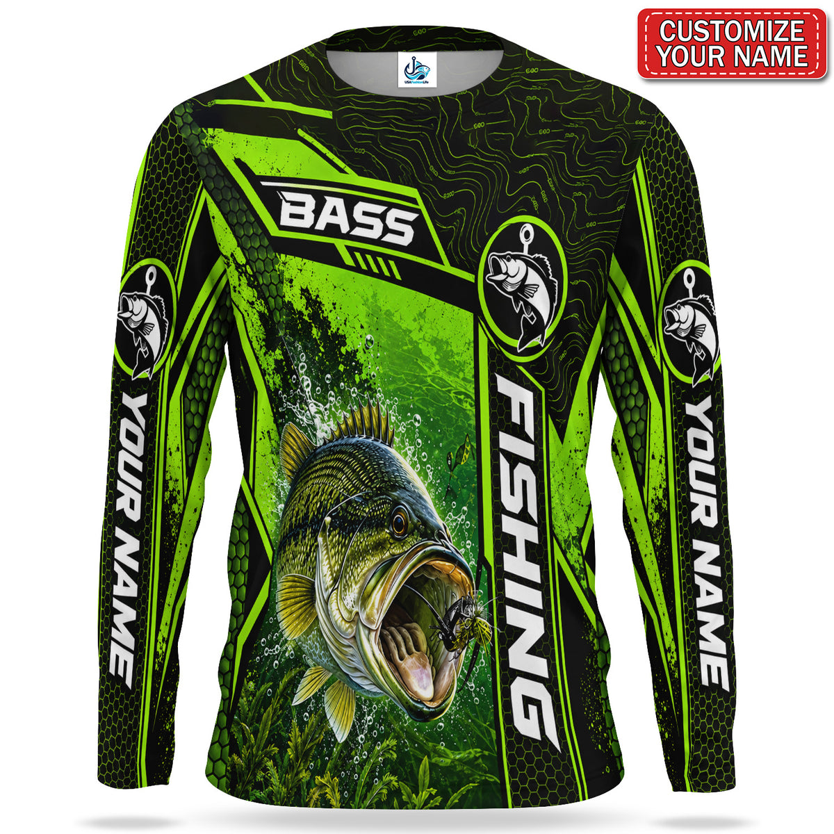 Personalized Neon Green Bass UPF Sun Protection Fishing Long Sleeve Shirt