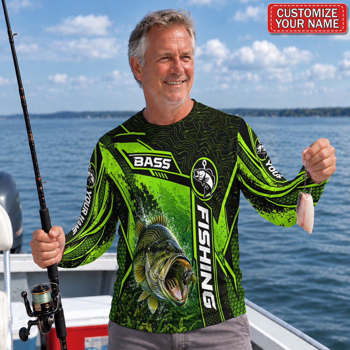 Personalized Neon Green Bass UPF Sun Protection Fishing Long Sleeve Shirt