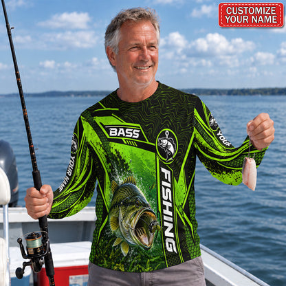 Personalized Neon Green Bass UPF Sun Protection Fishing Long Sleeve Shirt