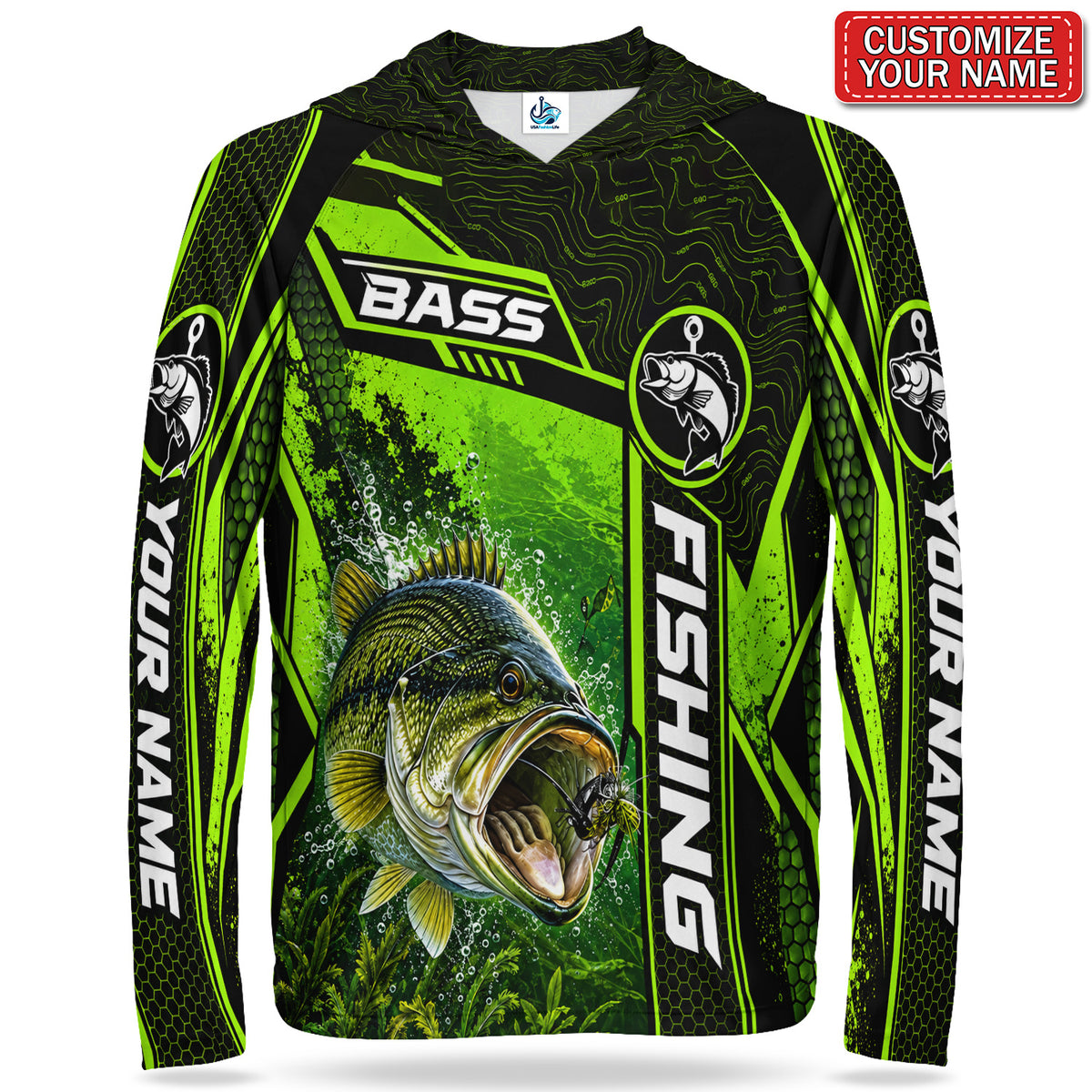 Personalized Neon Green Bass and Lure UPF Sun Protection Fishing Hoodie