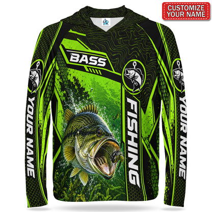 Personalized Neon Green Bass and Lure UPF Sun Protection Fishing Hoodie
