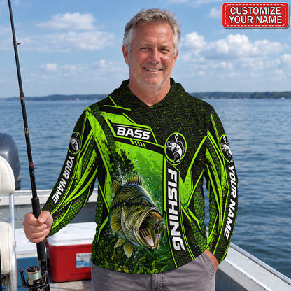 Personalized Neon Green Bass and Lure UPF Sun Protection Fishing Hoodie