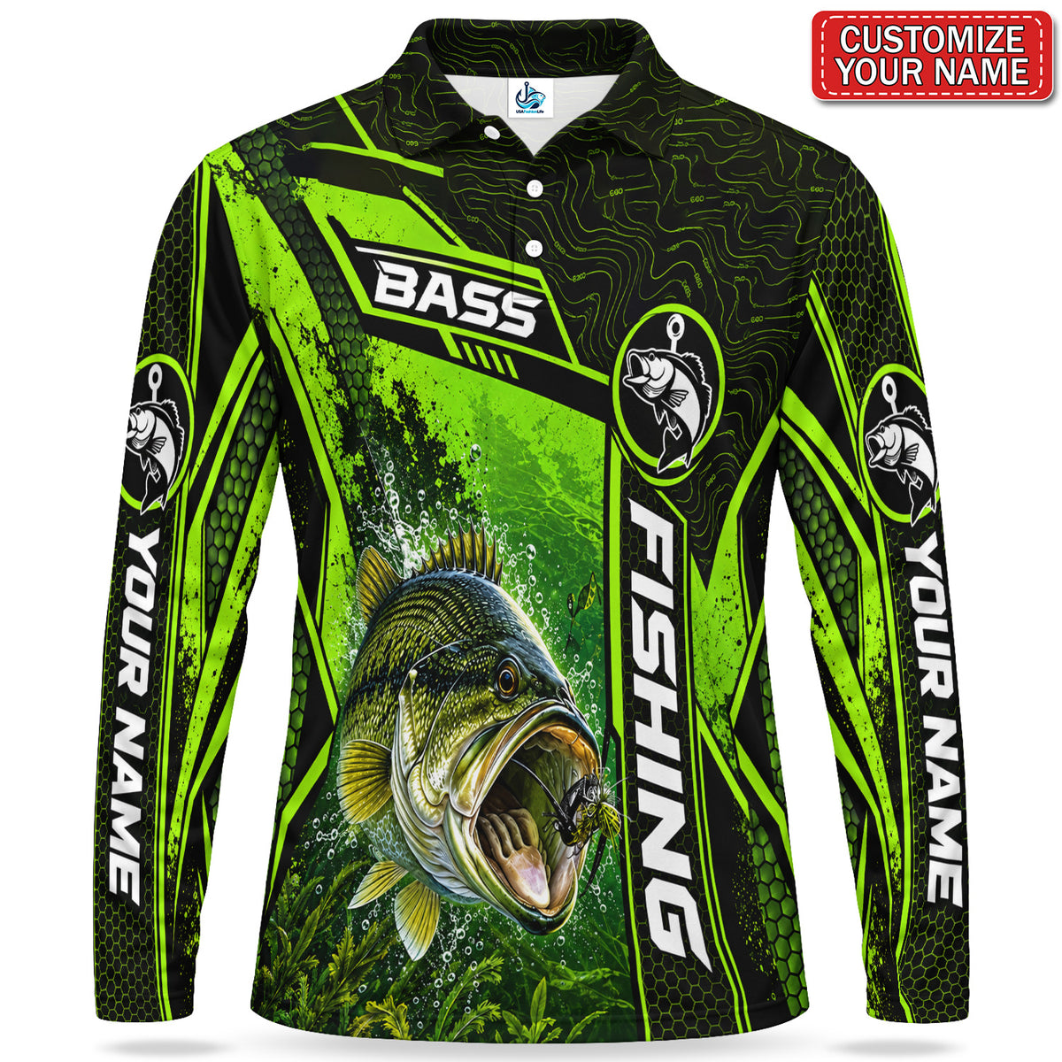 Personalized Neon Green Bass Fishing Men's Long Sleeve Polo