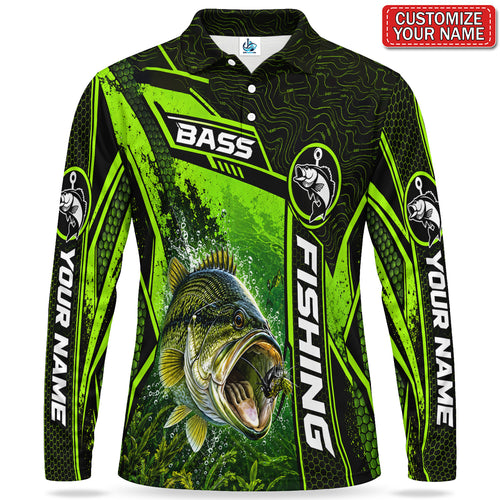 Personalized Neon Green Bass Fishing Men's Long Sleeve Polo