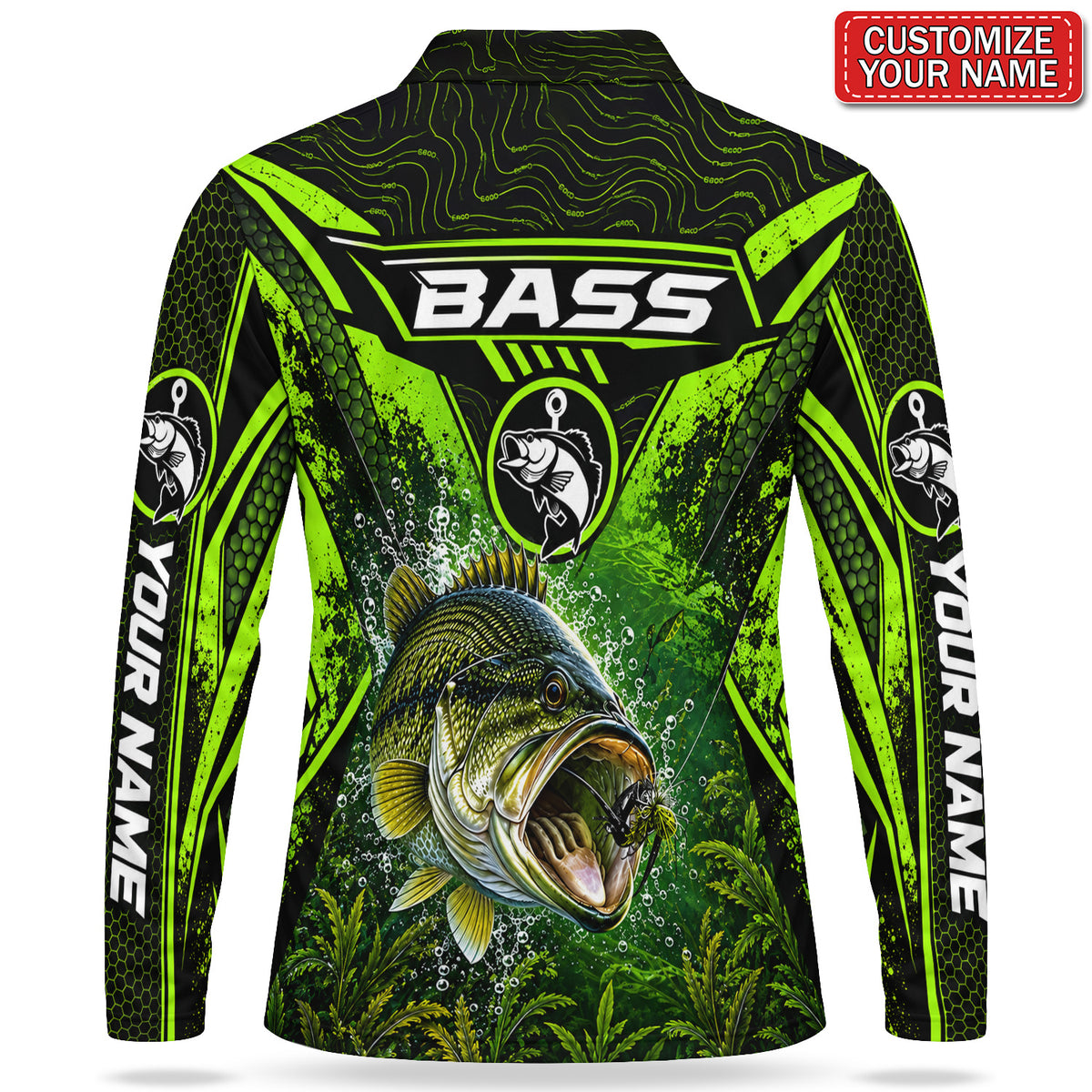 Personalized Neon Green Bass Fishing Men's Long Sleeve Polo