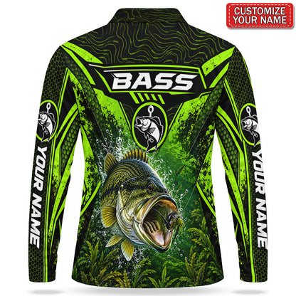 Personalized Neon Green Bass Fishing Men's Long Sleeve Polo