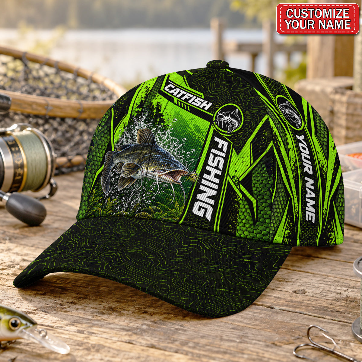 Personalized Neon Green Bass Fishing Baseball Cap