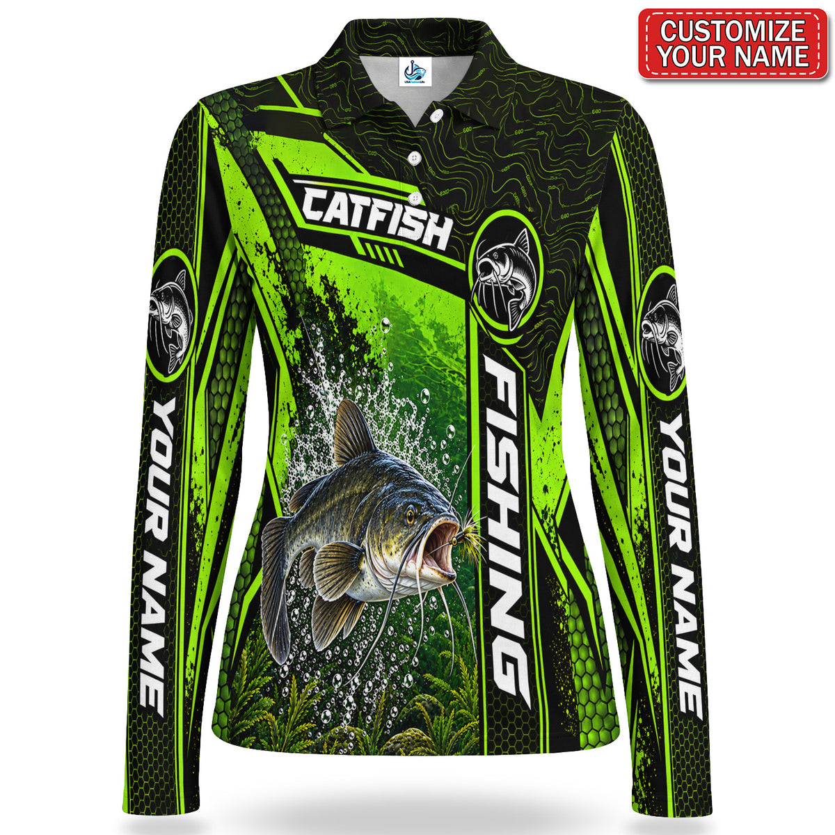 Personalized Neon Green Bass and Lure Fishing Women's Long Sleeve Polo