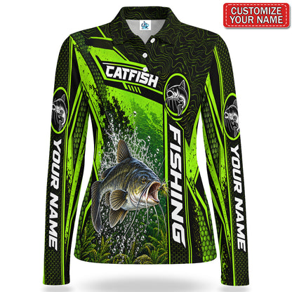 Personalized Neon Green Bass and Lure Fishing Women's Long Sleeve Polo