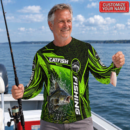 Personalized Neon Green Bass UPF Sun Protection Fishing Long Sleeve Shirt