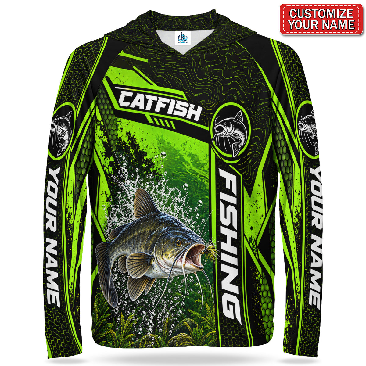 Personalized Neon Green Bass and Lure UPF Sun Protection Fishing Hoodie