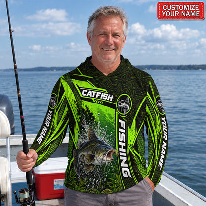 Personalized Neon Green Bass and Lure UPF Sun Protection Fishing Hoodie