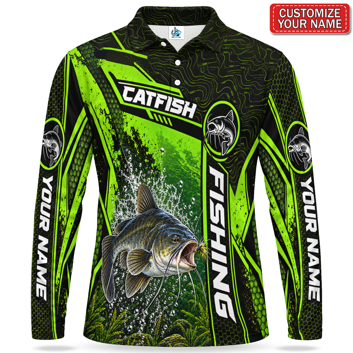 Personalized Neon Green Bass Fishing Men's Long Sleeve Polo