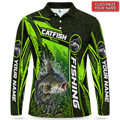 Personalized Neon Green Bass Fishing Men's Long Sleeve Polo
