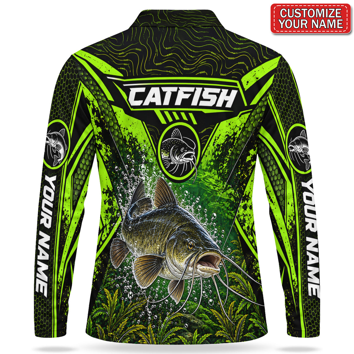 Personalized Neon Green Bass Fishing Men's Long Sleeve Polo
