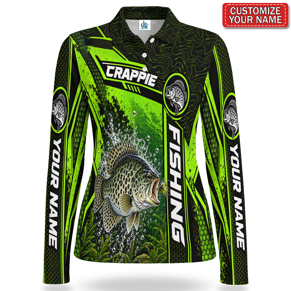 Personalized Neon Green Bass and Lure Fishing Women's Long Sleeve Polo