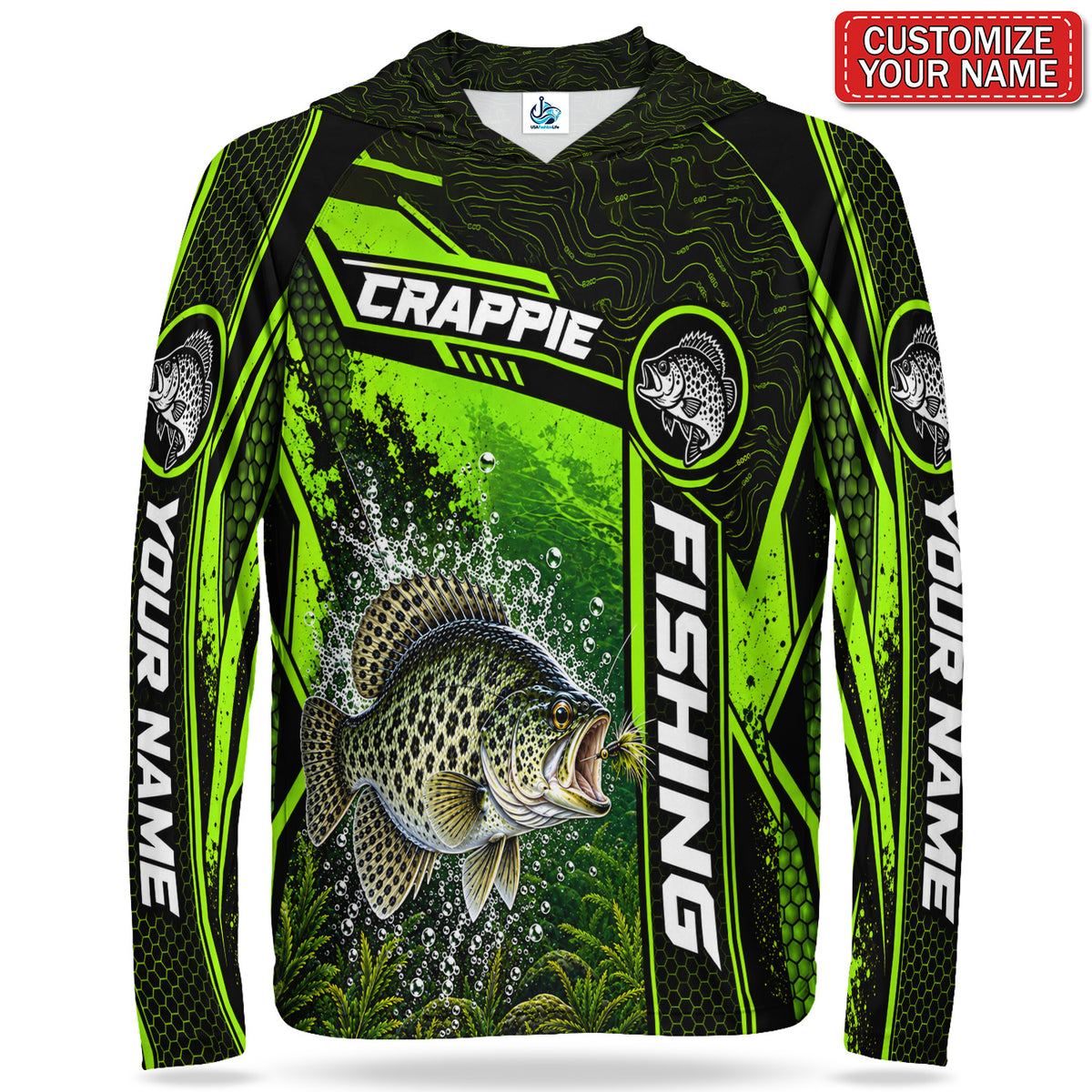 Personalized Neon Green Bass and Lure UPF Sun Protection Fishing Hoodie