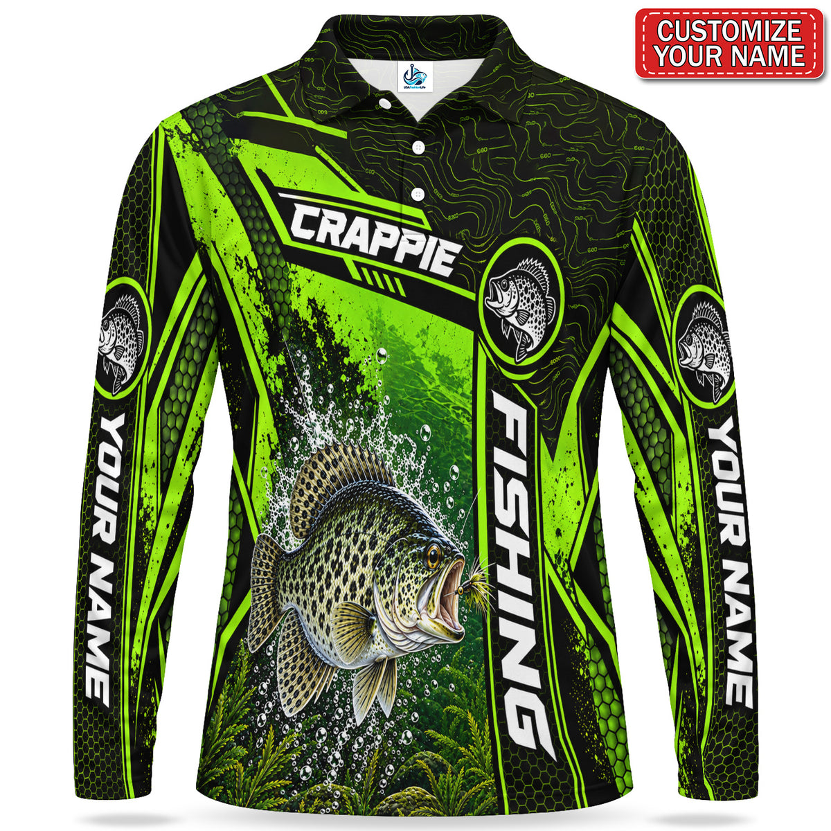 Personalized Neon Green Bass Fishing Men's Long Sleeve Polo