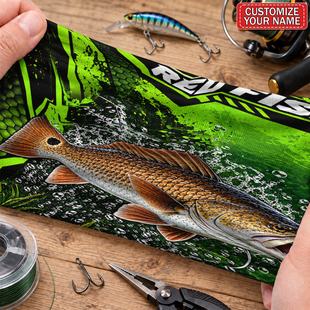 Personalized Bass and Lure Neon Green Fishing Mask