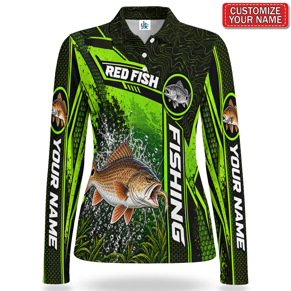 Personalized Neon Green Bass and Lure Fishing Women's Long Sleeve Polo