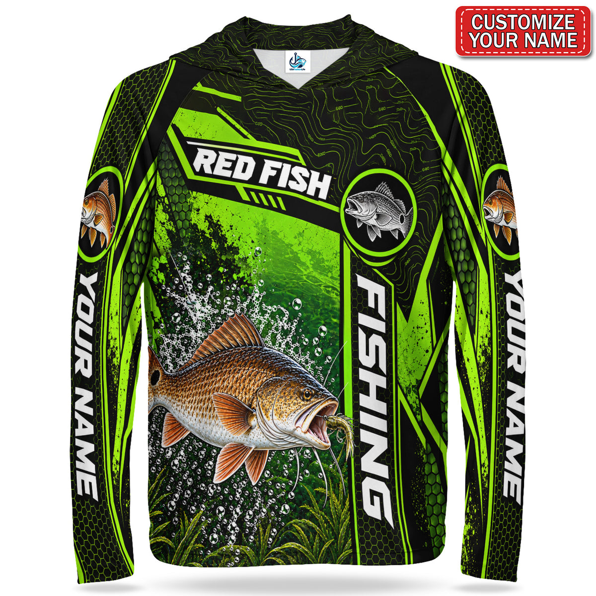 Personalized Neon Green Bass and Lure UPF Sun Protection Fishing Hoodie
