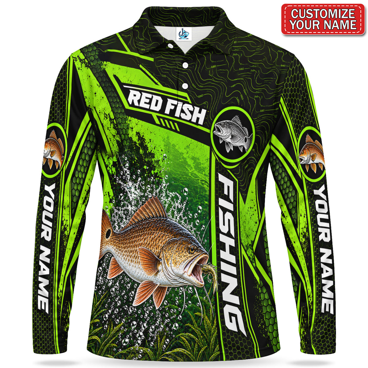 Personalized Neon Green Bass Fishing Men's Long Sleeve Polo