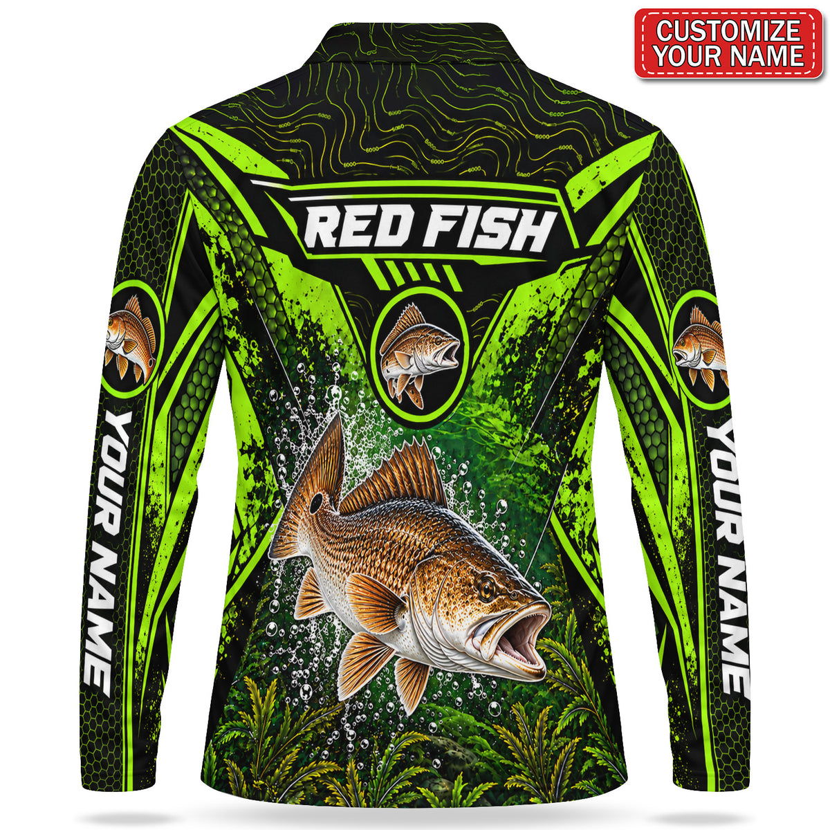 Personalized Neon Green Bass Fishing Men's Long Sleeve Polo