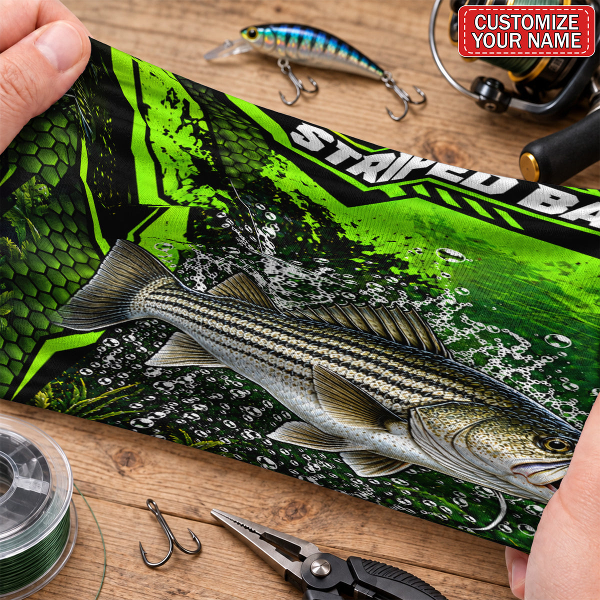 Personalized Bass and Lure Neon Green Fishing Mask