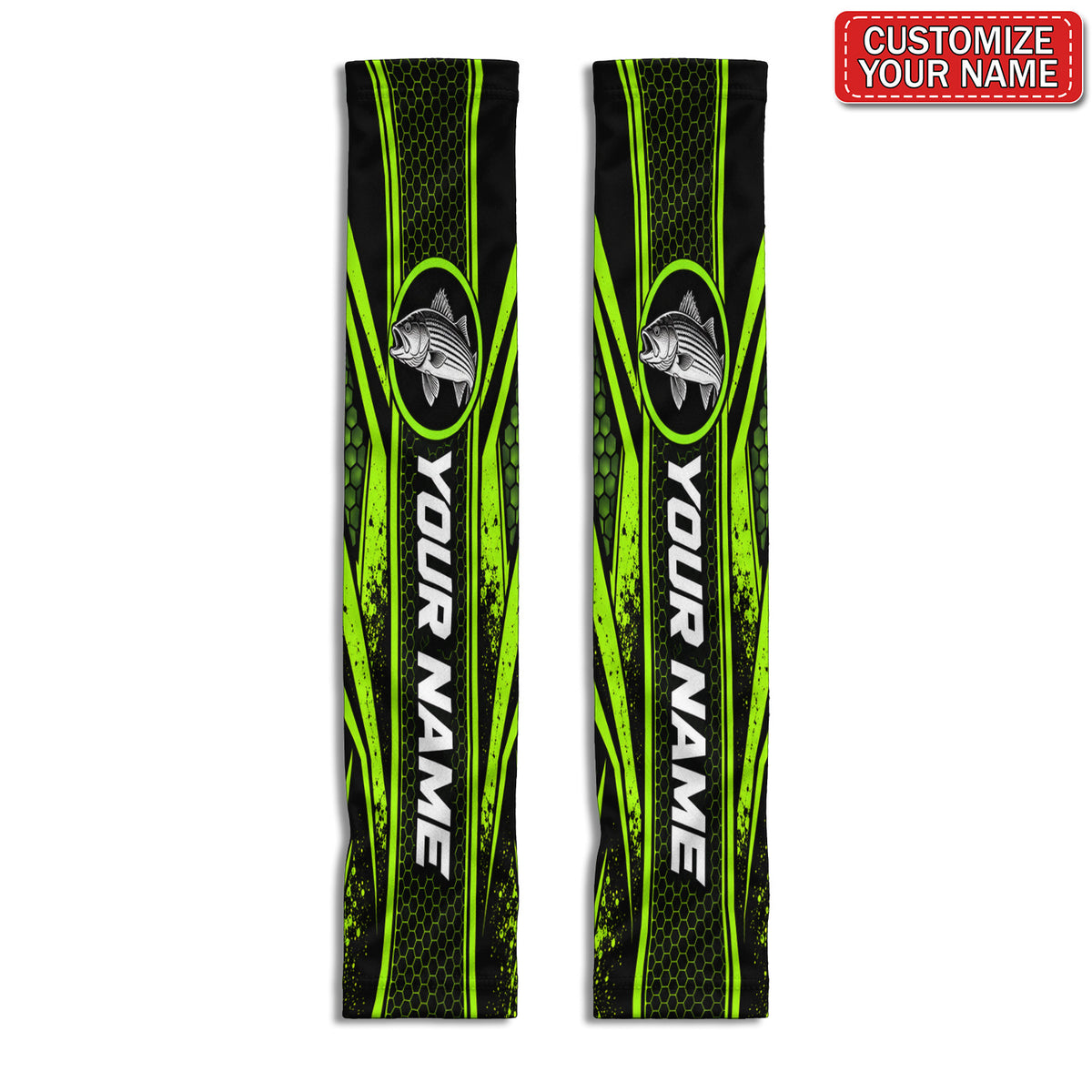 Custom Name Fish and Hook Neon Green Sun Protection Arm Sleeves