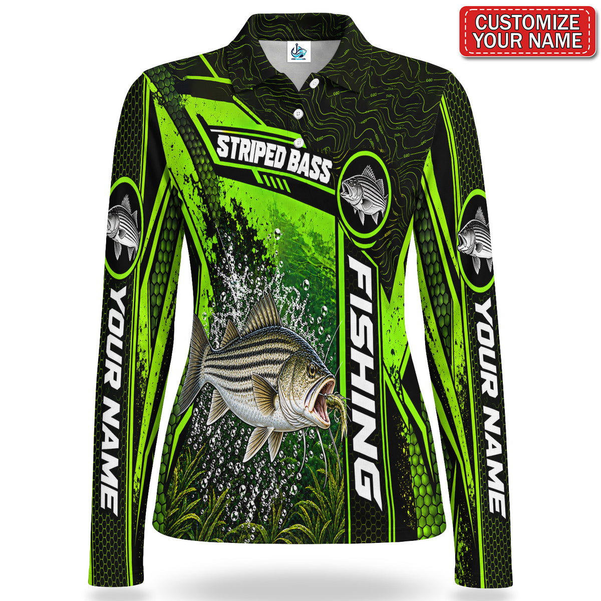 Personalized Neon Green Bass and Lure Fishing Women's Long Sleeve Polo