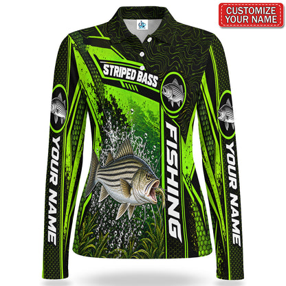 Personalized Neon Green Bass and Lure Fishing Women's Long Sleeve Polo