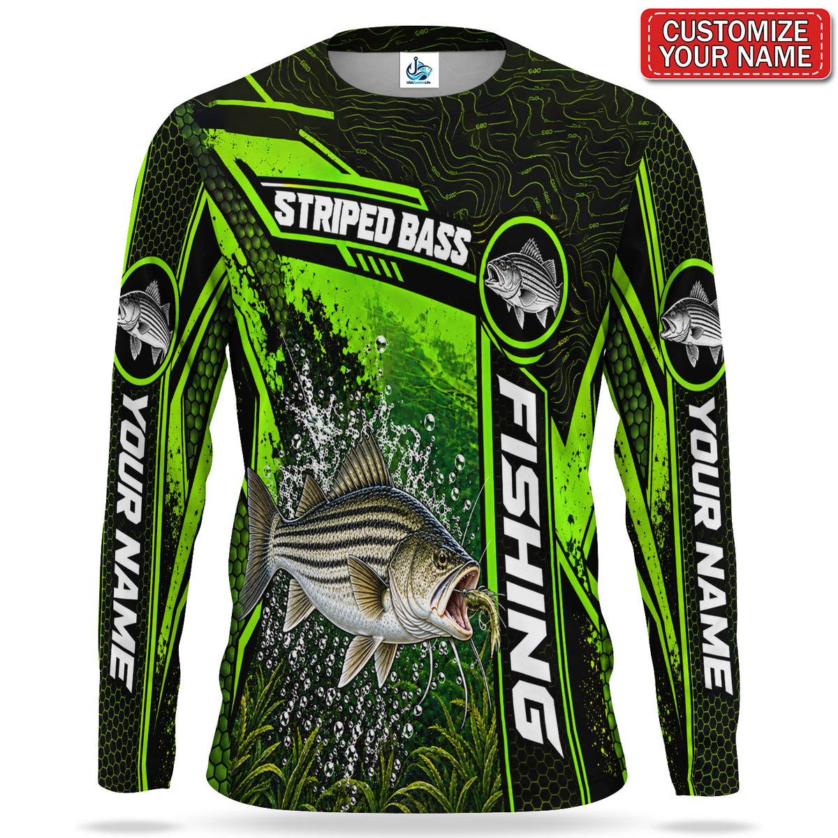 Personalized Neon Green Bass UPF Sun Protection Fishing Long Sleeve Shirt