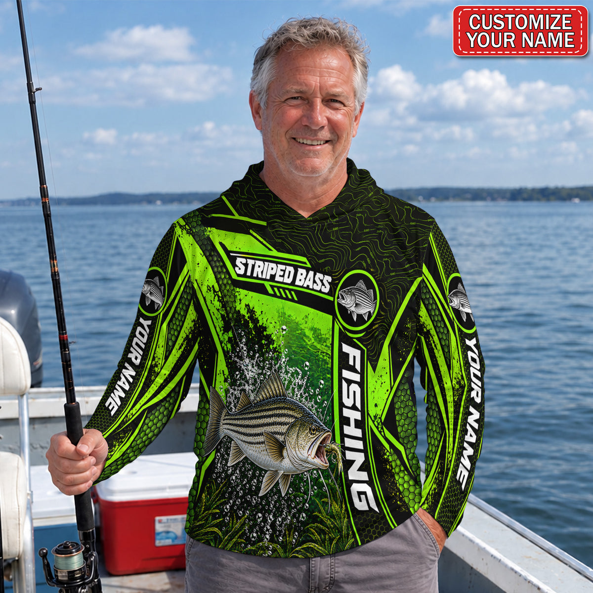 Personalized Neon Green Bass and Lure UPF Sun Protection Fishing Hoodie