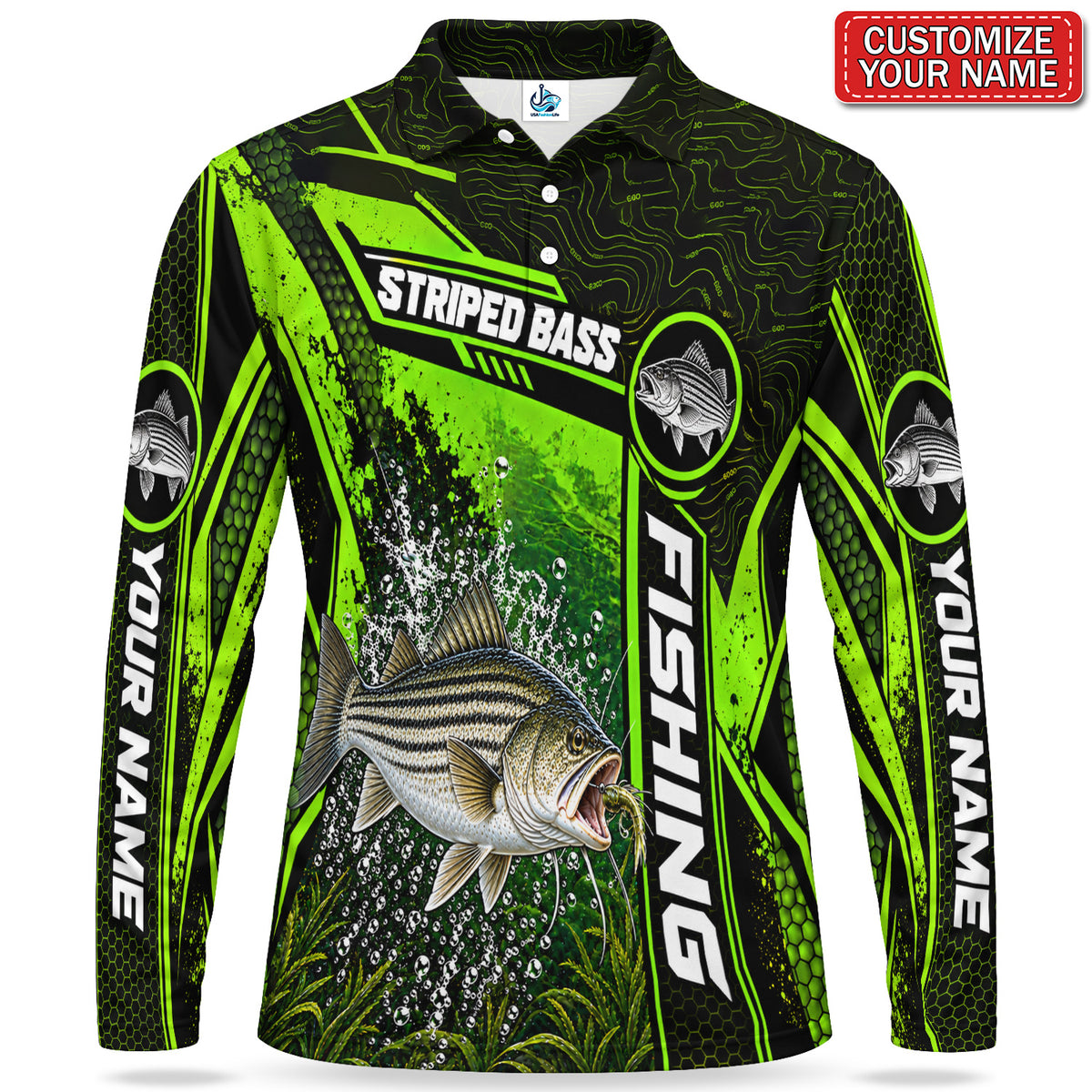 Personalized Neon Green Bass Fishing Men's Long Sleeve Polo