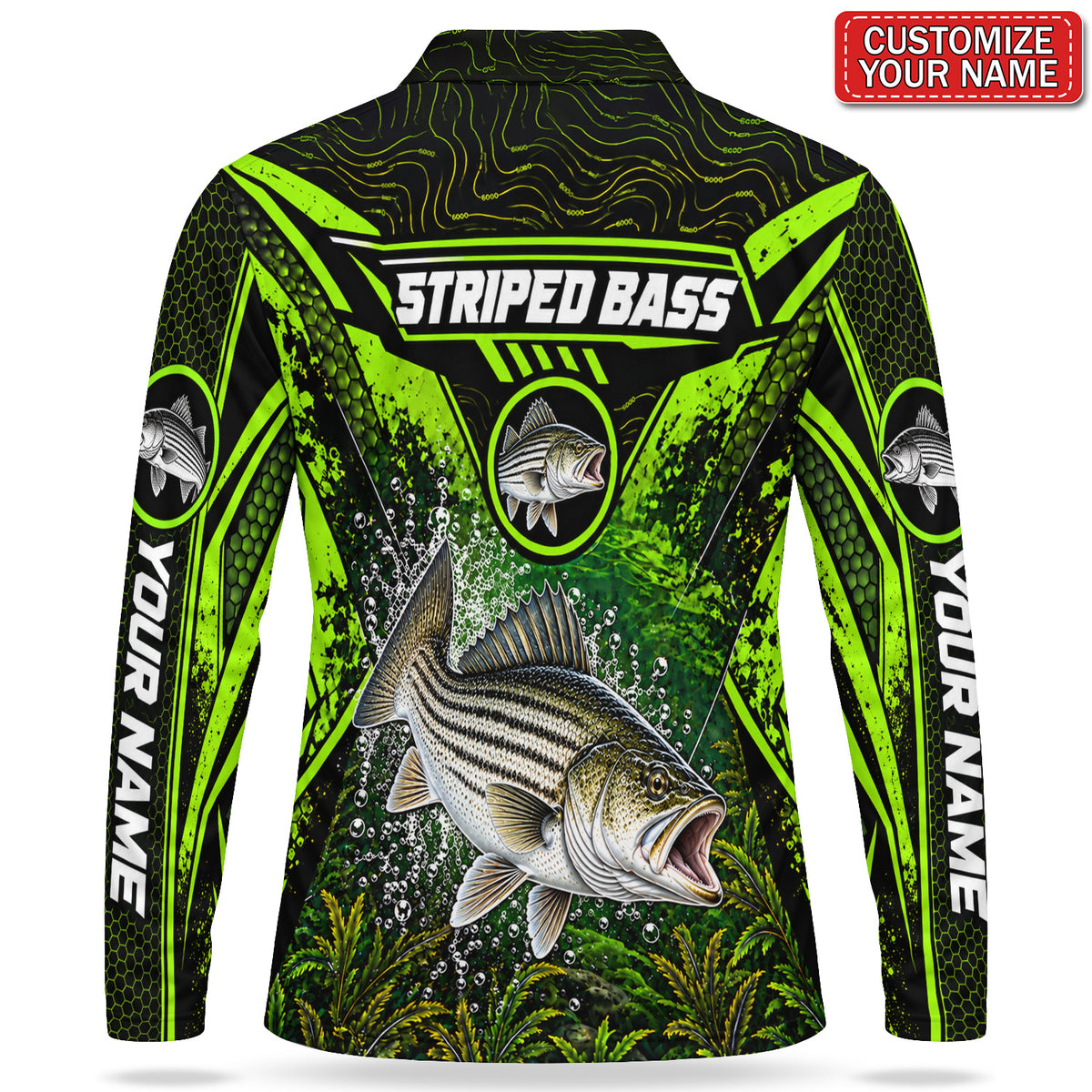Personalized Neon Green Bass Fishing Men's Long Sleeve Polo