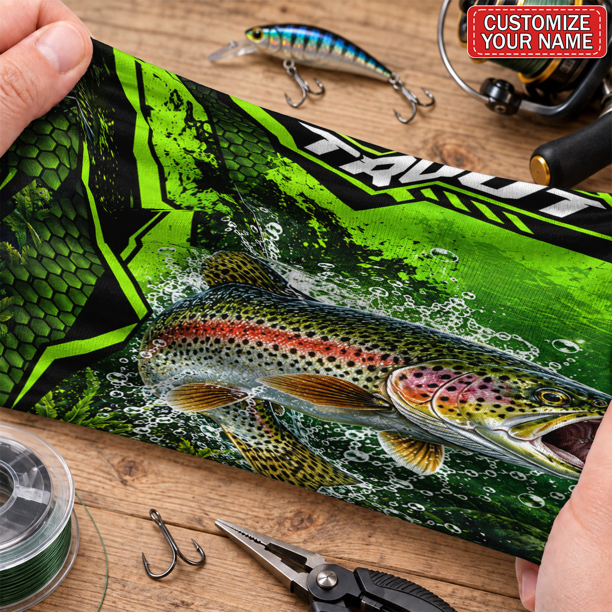 Personalized Bass and Lure Neon Green Fishing Mask