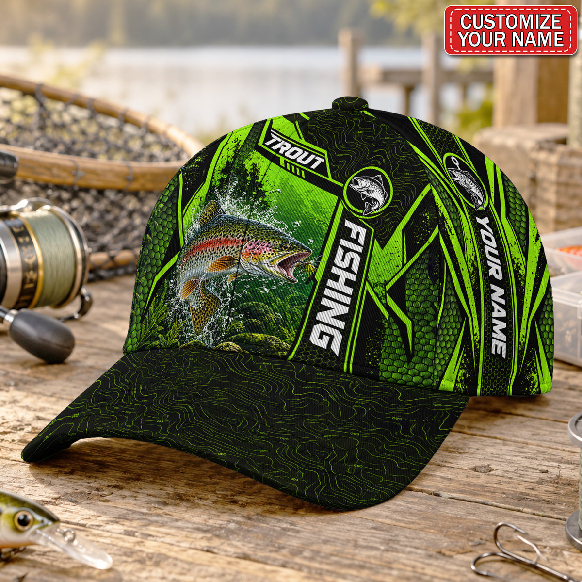 Personalized Neon Green Bass Fishing Baseball Cap