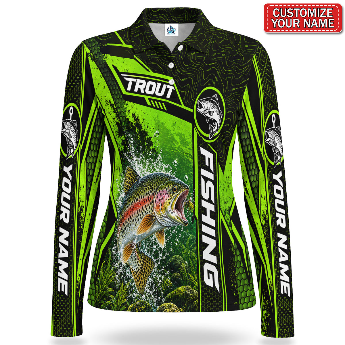 Personalized Neon Green Bass and Lure Fishing Women's Long Sleeve Polo