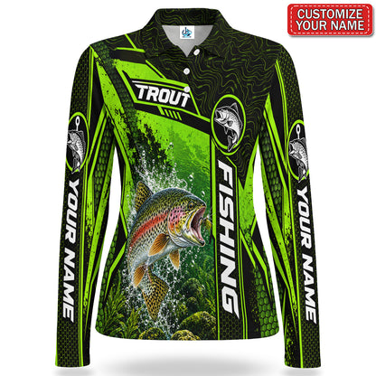 Personalized Neon Green Bass and Lure Fishing Women's Long Sleeve Polo