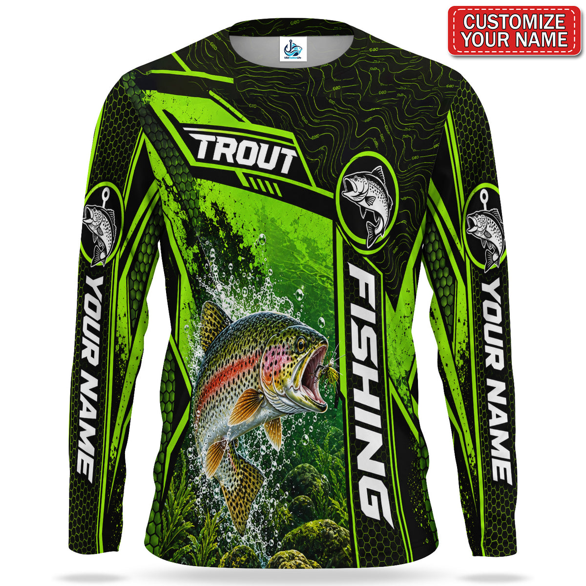 Personalized Neon Green Bass UPF Sun Protection Fishing Long Sleeve Shirt