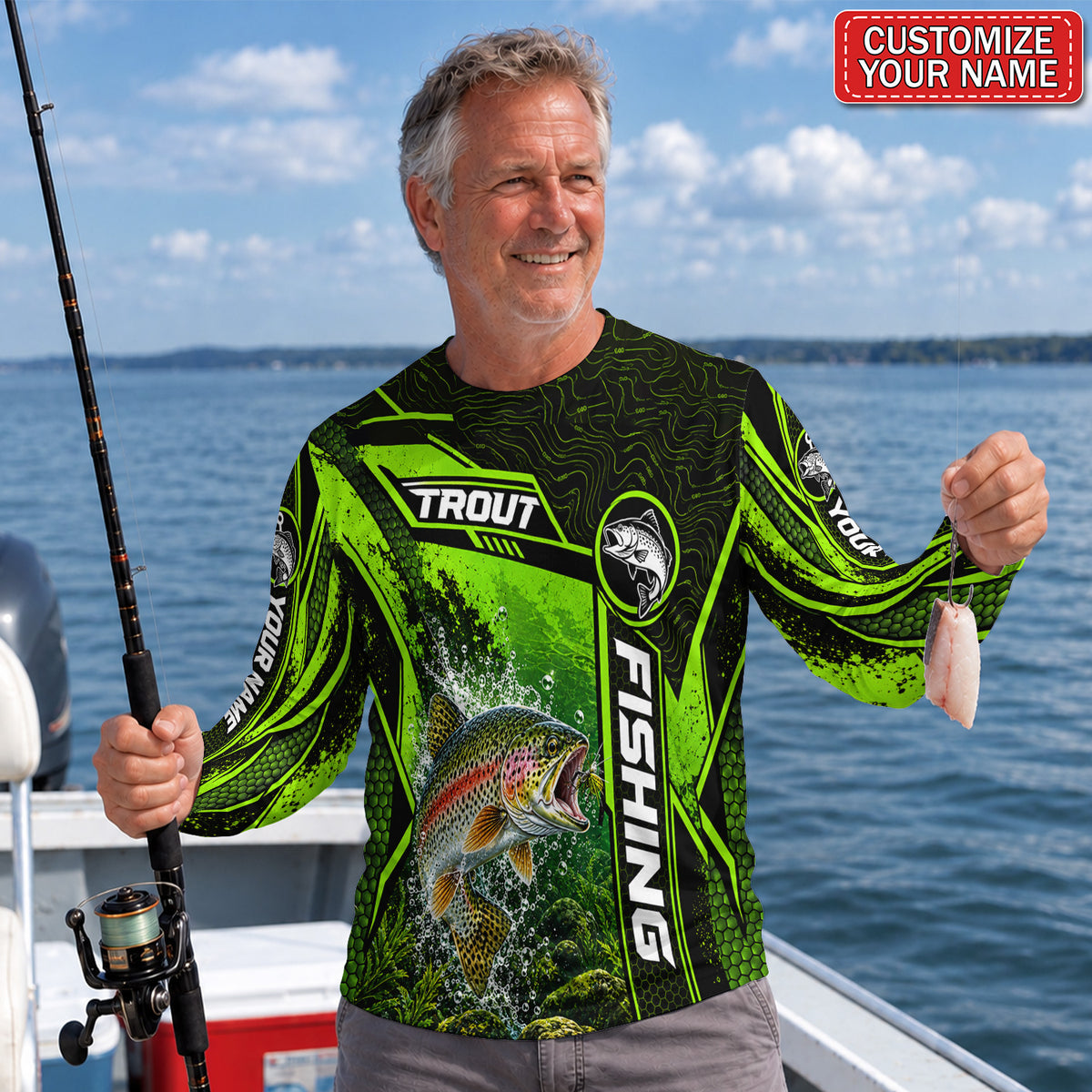 Personalized Neon Green Bass UPF Sun Protection Fishing Long Sleeve Shirt