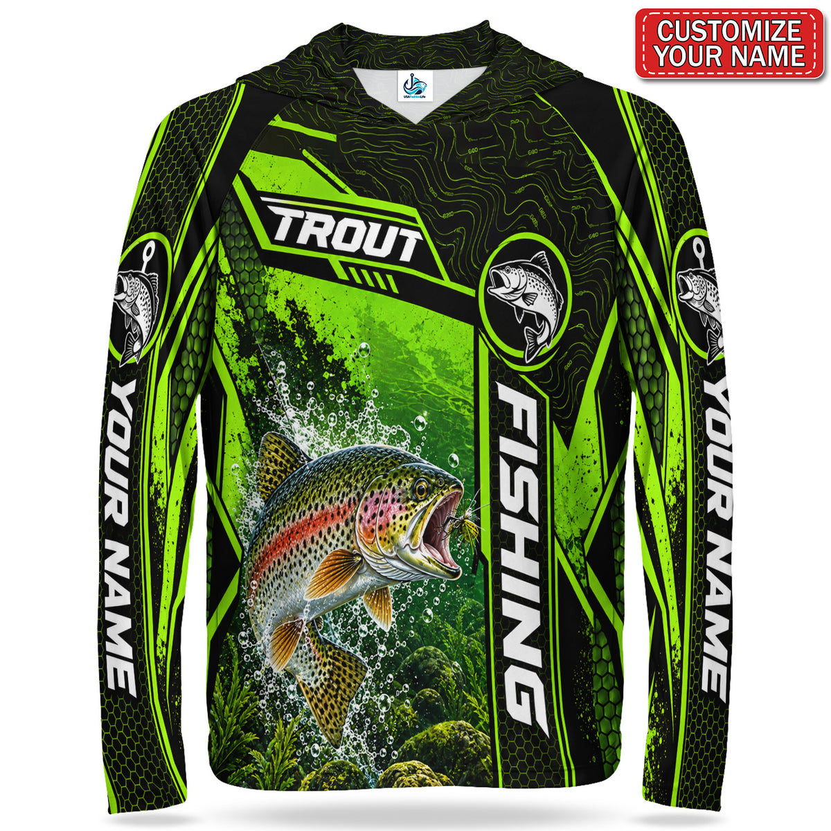 Personalized Neon Green Bass and Lure UPF Sun Protection Fishing Hoodie
