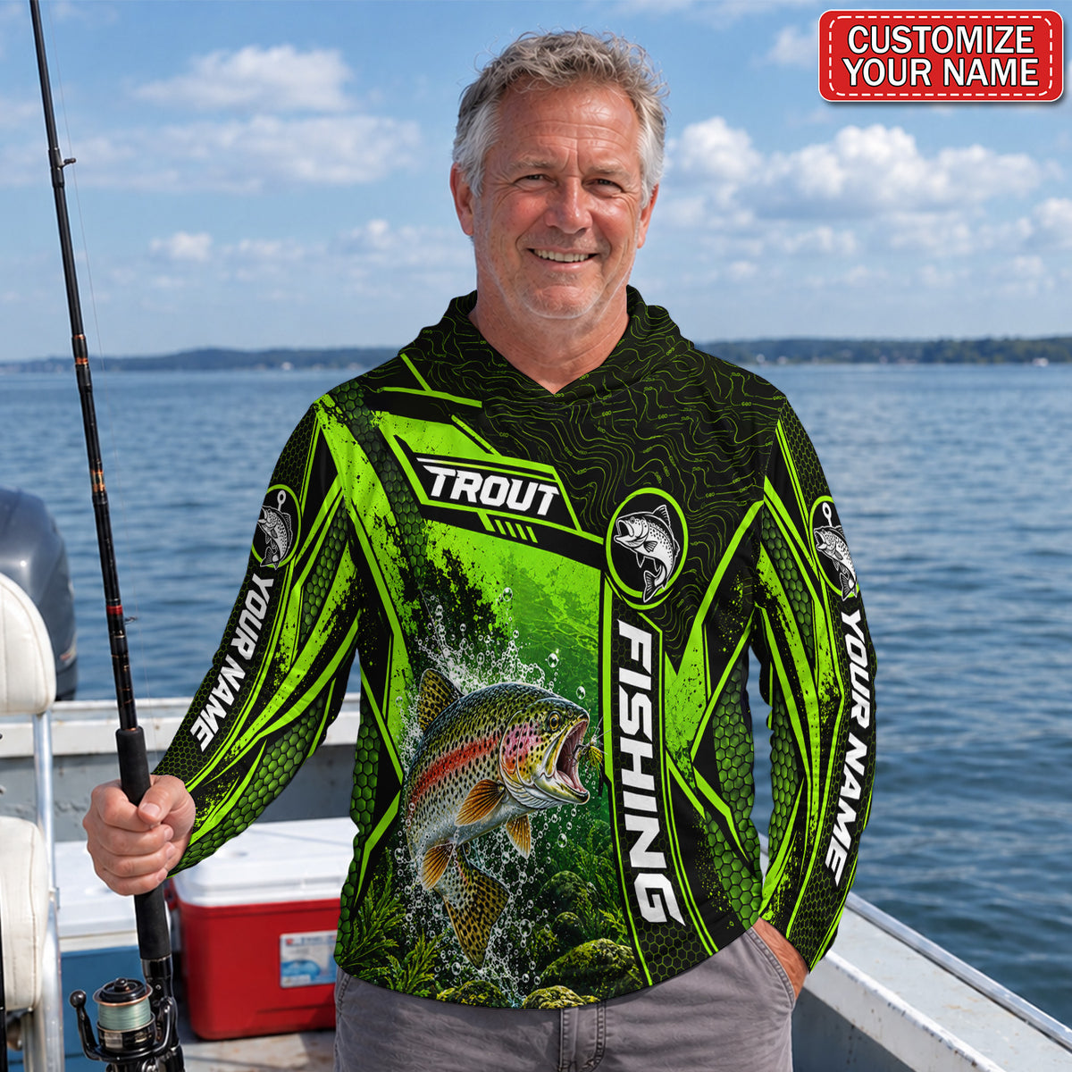 Personalized Neon Green Bass and Lure UPF Sun Protection Fishing Hoodie