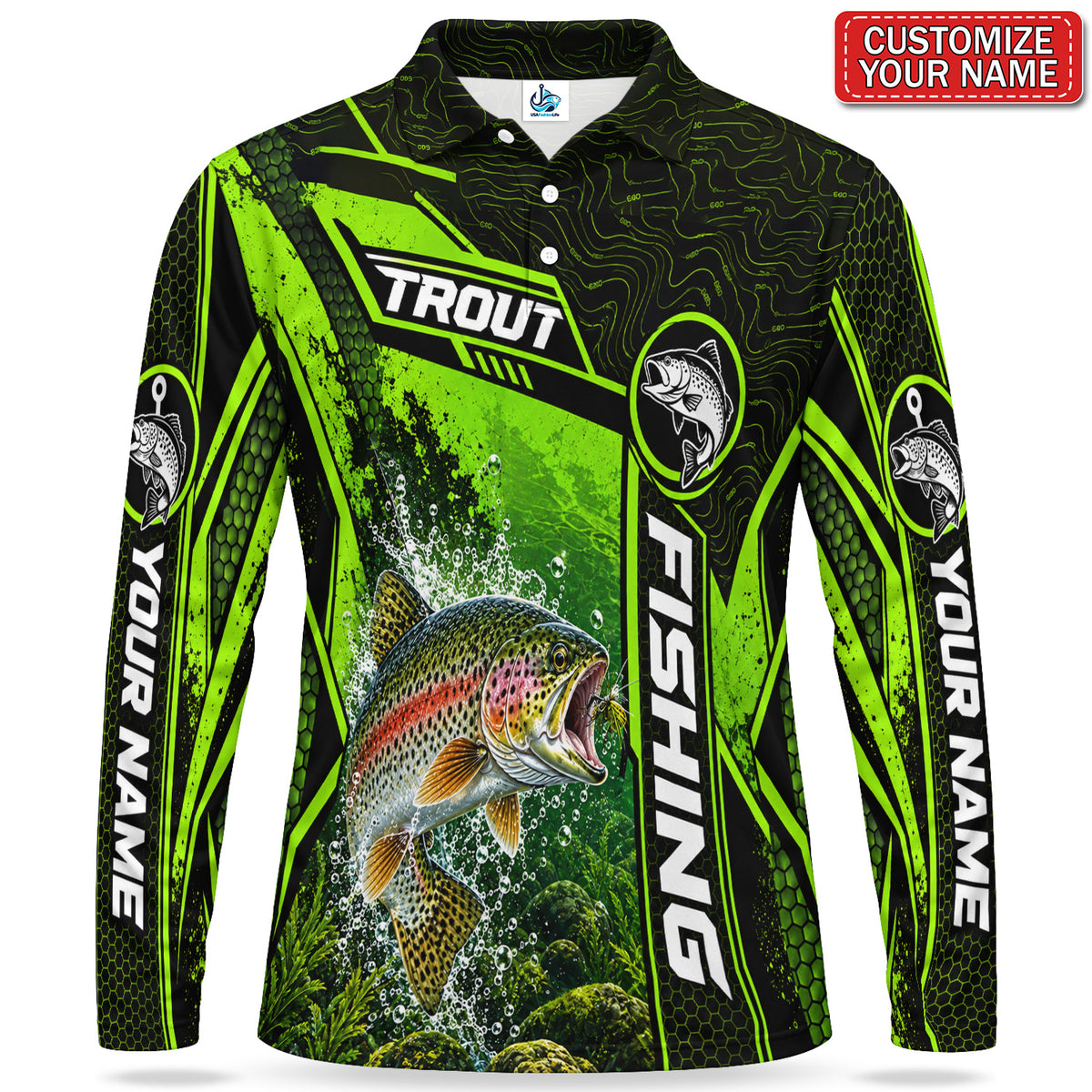 Personalized Neon Green Bass Fishing Men's Long Sleeve Polo
